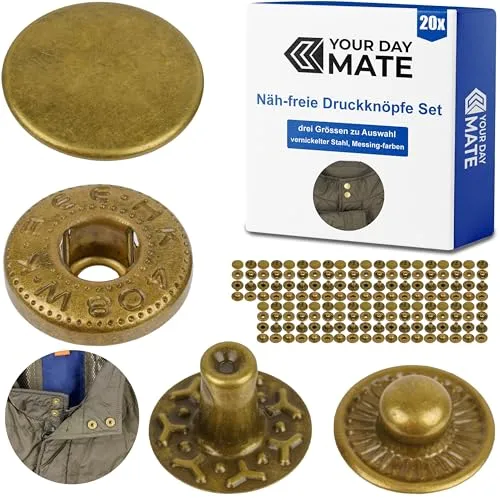 Näh-freie Druckknöpfe, Ø 15 mm, 20 Paare, in Bronze, Set ohne Werkzeug, Stoffclips für DIY, Druckknopf mit Ringfeder Verschluss, Reparatur Metall Knöpfe, Ersatz Knopf Nähzubehör, Ringfederdruckknopf