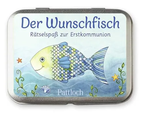 Der Wunschfisch: Rätselspaß zur Erstkommunion in Metallbox - Entdecken Sie den Rätselspaß zur Erstkommunion mit 25 Quizfragen in einer ansprechenden Metallbox. Perfekt als Geschenk für Kinder ab 8 Jahren und ideal für gemeinsame Spiele.
