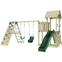OutdoorToys Spielturm Roskilde mit Babyschaukel - Dunkelgrün - Der OutdoorToys Spielturm Roskilde bietet Spielspaß für Geschwister mit Kletterwand und zwei Schaukeln. Stabil aus unbehandeltem Holz, ideal für den Garten!