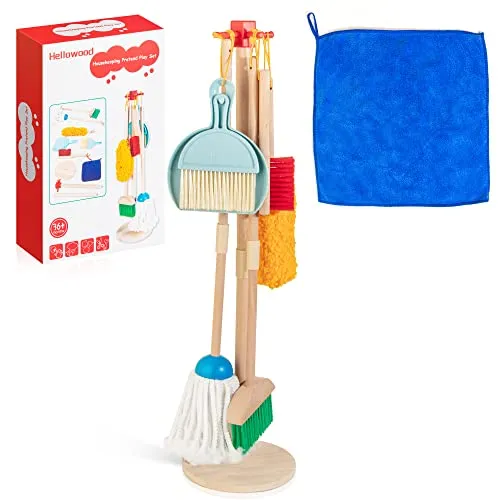 HELLOWOOD Kinder Holz Reinigungs-Set 8-teilig - Robustes 8-teiliges Reinigungsset aus hochwertigem Buchenholz für Kinder von 3-6 Jahren. Fördert Rollenspiele und gute Gewohnheiten beim Aufräumen.