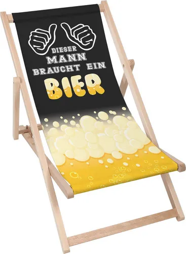 Dreamroots Liegestuhl klappbar Holz,bis zu 130kg,Sonnenliege klappbar mit 3-stufiger Neigungsregulierung der Rückenlehne, Dieser Mann Braucht Ein Bier