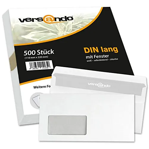 versando 500x Briefumschläge mit Fenster DIN lang 220x110mm weiß: selbstklebende Kuverts für Rechnungen, Geschäftsbriefe, Büro, einfach verschließbar mit Sichtschutz