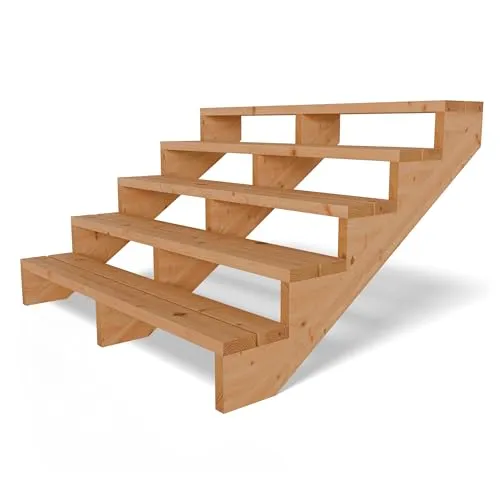Gartenwelt Riegelsberger Terrassentreppe Breite 150 cm Treppe mit 5 Stufen Geschosshöhe 89 cm Massivholz Lärche Komplett-Set Wangen, Bohlen & Schrauben