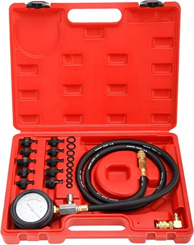FreeTec Öldruck Messgerät Öldruckmesser, 140 PSI 10 Bar Motorzylinder Öldruckprüfer Öldrucktester Set, Öldruckmanometer Öldruckmessgerät KFZ Werkzeug für Auto LKW Traktor (Rot)