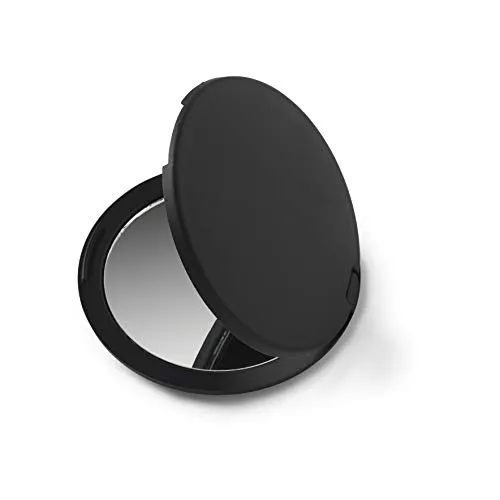 Manicare Kompakter doppelseitiger Faltbarer Taschenspiegel, runder schwarzer Schönheitsspiegel, bruchsicher, weiche Oberfläche, perfekt für Geldbörse, Geldbörse, Tasche und Reisen