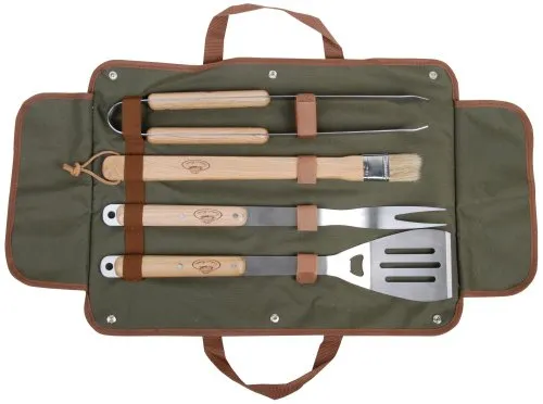 Esschert Design Grillbesteck in der Tasche - 4-teilig mit Grillgabel, Grillzange, Wender und Pinsel, hochwertig und inklusive praktischem Flaschenöffner