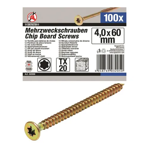 BGS-80996 I Mehrzweckschrauben, 4,0x60 mm, T20, 100-tlg. in gold von BGS technic