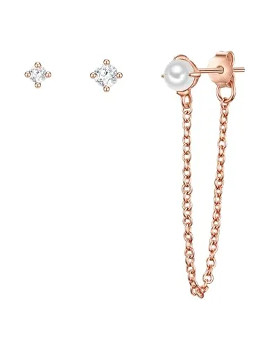 Glanzstücke München Damen Set (Ohrringe 3 Stück) 925/- Sterling Silber rosévergoldet 14 Karat mit Süßwasser-Zuchtperle 3,8 mm Zirkonia weiß
