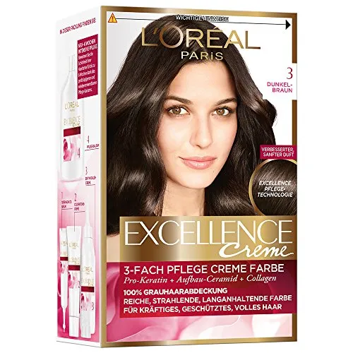L'Oréal Paris Excellence Crème 3 Dunkelbraun - Shampoo & Spülung: 100% Grauhaarabdeckung mit 3-Fach Pflege für langanhaltende, glänzende Farbe. Ideal für alle Haartypen, pflegt Kopfhaut und Haar intensiv.