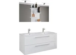 VCM 3-tlg. Doppel Waschplatz Budasi SP - Badmöbel-Set mit Unterschrank, Doppelwaschbecken und Spiegel, bietet viel Stauraum und modernes Design für Ihr Badezimmer.