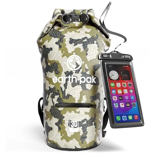 Earth Pak Dry Bag – Wasserdichter Packsack mit Reißverschluss Tasche, Schultergurt und wasserfester Handyhülle – Ideal beim Kajak Fahren, Camping, Angeln, Bootfahren und Rafting (Tarnung, 5L)