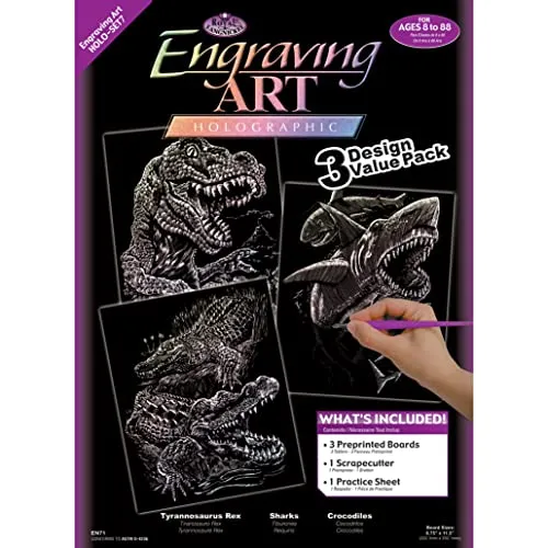 Pracht Creatives Hobby & Langnickel - Kratzbilder Set Raubtiere, Hologramm-Effekt, 3 Bilder, Dinosaurier, Haie, Krokodile, für Kinder und Erwachsene, mit Kratzstift Vorlagen, 4675-22061