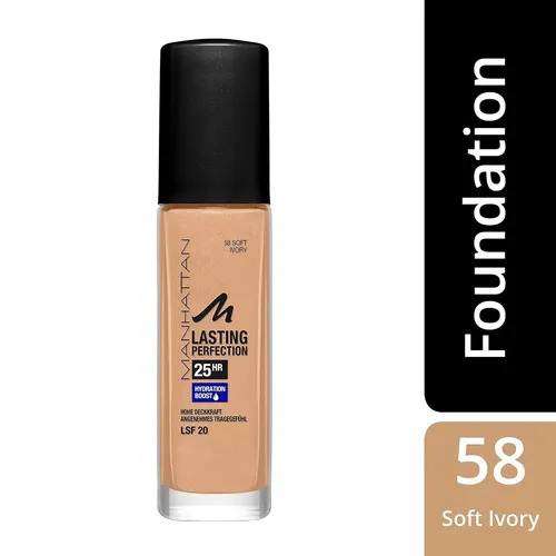 Manhattan Lasting Perfection 25h Make up Foundation Soft Ivory 58 - Grundierung mit langanhaltender Deckkraft für bis zu 25 Stunden, ideal für einen makellosen Teint und mit Lichtschutzfaktor 20 für zusätzlichen Schutz.