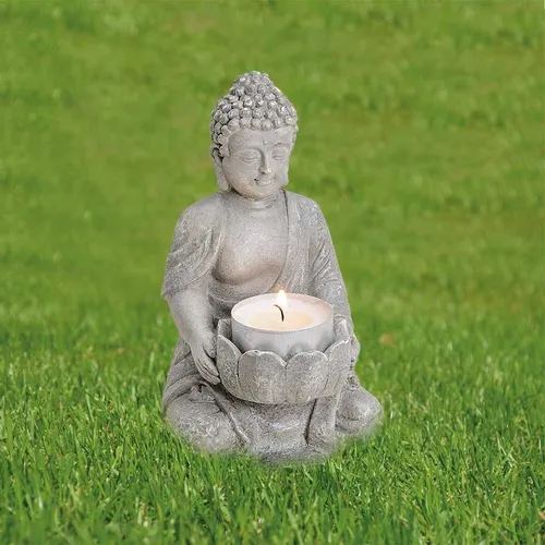 Buddha mit Teelichthalter in grau aus Poly 14cm-10016638