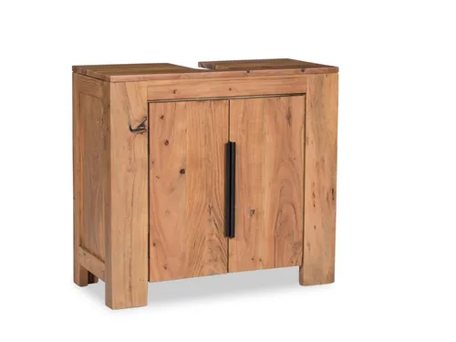 Woodkings Waschbeckenunterschrank Auckland aus Echtholz - Unterschrank fürs Bad, 2-türig aus massiver Akazie, rustikales Design mit markanten Holzeinschlüssen und praktischen Metallgriffen, ideal für stilvolle Badezimmer.