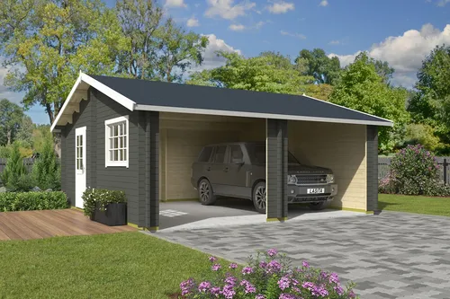 Nordic Holz Garage FALKLAND - 635x628 cm, ohne Tor in grau|grün - Carport aus massivem Fichtenholz, mit langlebigem Blockbohlensystem und 5 Jahren Herstellergarantie, ideal für sicheren Schutz Ihres Fahrzeugs.