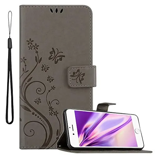 Cadorabo Hülle kompatibel mit Apple iPhone 6 Plus / 6S Plus Blumen Design aus Kunst Leder Flip Klappbare Magnetische [Kartenfächern] Cover Hülle für iPhone 6 Plus / 6S Plus Tasche in Grau