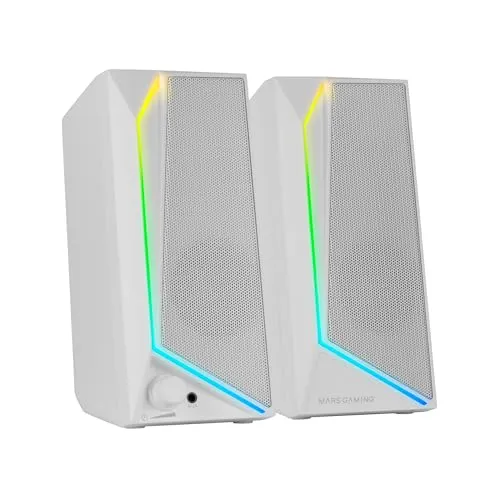 Mars Gaming MS72, Gaming-Lautsprecher 15W, RGB Flow Beleuchtung, 2 Aktive Treiber, DSP-Chipsatz, Plug&Play USB- und 3,5mm-Klinkenanschluss, Lautstärkeregler und Audioanschluss für Kopfhörer, Weiß