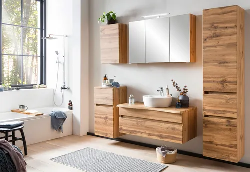 Badezimmer Set Waschtisch Hochschrank Seitenschränke LED Spiegelschrank Eiche - Modernes Badmöbel Set mit Keramik Waschbecken und LED-Beleuchtung, bietet viel Stauraum und verstellbare Glaseinlegeböden für individuelles Design.