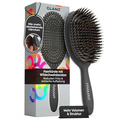 FRAMAR Wildschweinborsten Bürste Damen - Haarbürste Wildschweinborsten Damen, Naturhaarbürste Damen, Sleek Bürste Haare, Haarbürste Naturborsten, Boar Bristle Brush, Haarbürsten, Hair Brush – Schwarz
