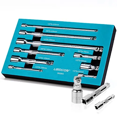 LIBRATON Kippverlängerungs Satz 9tlg, Zoll Verlängerung 1/2, 3/8, 1/4-Inch, Extension Bar Set Cr-V mit verchromt im EVA-Ablagefach