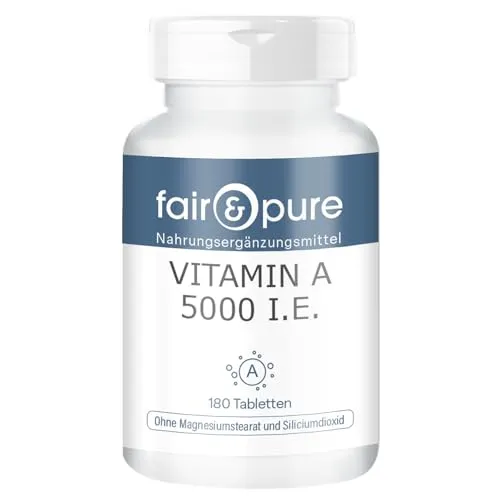 Fair & Pure Vitamin A 5000 I.E. (1500µg), 180 Tabletten, Retinylacetat, Nahrungsergänzungsmittel vegan ohne Magnesiumstearat, in Deutschland hergestellt