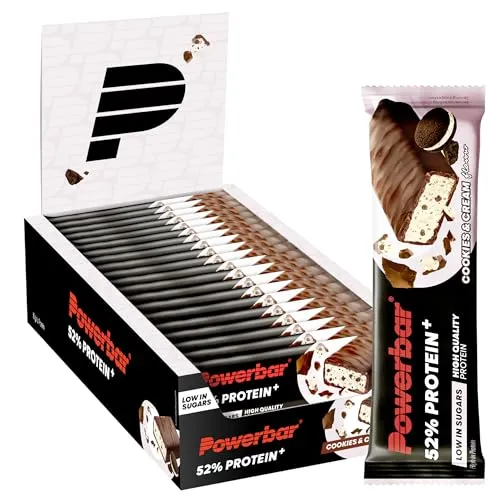 Powerbar 52% Protein Plus Cookies&Cream - 20x50g - Proteinriegel mit 26 g Protein und nur 0,7 g Zucker pro Riegel, perfekt für Fitness-Enthusiasten und gesundheitsbewusste Genießer.