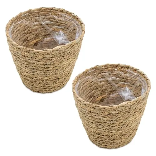 Spetebo Seegras Pflanztopf Natur mit Folie 19 x 16 cm - 2er Set - Naturfaser Blumentopf zum direkten Bepflanzen - Garten Deko Weide Pflanzkorb Blumenkorb Pflanzenschale Landhaus rustikal