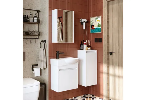 Roomart Badmöbel-Set LEO, Weiß-Eiche, 4-teilig - Das Roomart Badmöbel-Set LEO bietet modernes Design und praktische Lösungen für Ihr Badezimmer. Mit pflegeleichten Materialien und Softclose-Technologie sorgt es für eine stilvolle und funktionale Einrichtung.