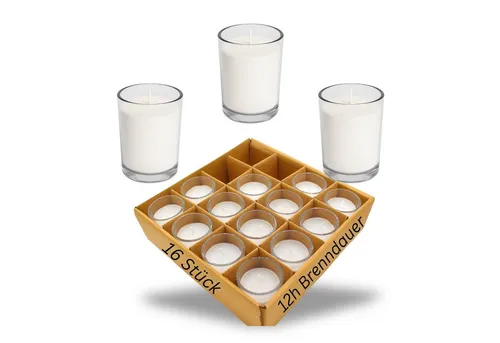 Candelo Teelicht 16 Glaskerzen in Weiß ohne Duft, 12Std. Brenndauer Votiv Kerze (16-tlg), Geruchslos