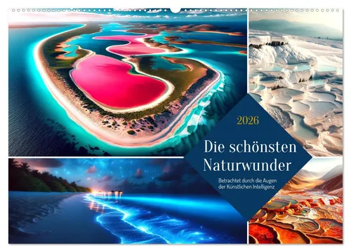 CALVENDO Wandkalender Die schönsten Naturwunder - Blick durch die Augen der KI - Wunderschöner Wandkalender mit 14 Seiten und Spiralbindung. Ideal für Naturliebhaber, um jeden Monat neue beeindruckende Landschaften zu entdecken. Format A2, hergestellt in Deutschland.