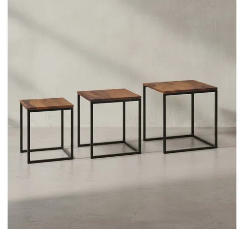 KADIMA DESIGN Satztisch Satztisch 3er Set Massivholz Metall Beistelltisch Eckig Sofatisch (Holztisch Kaffeetisch Wohnzimmer), Modern, Design Couchtisch 3-teilig, Wohnzimmertisch Platzsparend