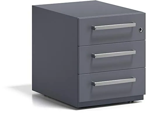 Bisley Rollcontainer Note, anthrazit, 3 abschließbare Schübe - Büroschränke mit 3 Schubladen, Zentralverschluss und kugelgelagerten Teleskop-Auszügen für optimalen Zugriff. Ideal für sichere und platzsparende Aufbewahrung im Büro.