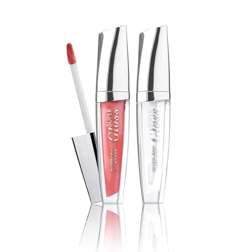 Deborah Milano Set Makeup Super Gloss Lipgloss, N.05 Pearly Coral und N.01 Transparent, Volumengebender und glänzender Lipgloss mit Hyaluronsäure, verleiht weiche, glatte und hydratisierte Lippen, 4,5
