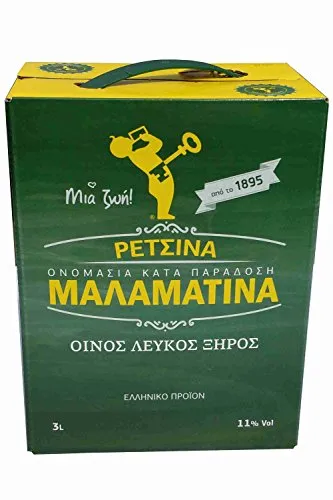 Retsina Malamatina 3 Liter Bag in Box mit Zapfhahn geharzter Weißwein aus Griechenland griechischer traditioneller Weiß Wein mit Harz