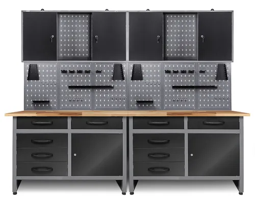 Ondis24 Werkstatt Set 240 cm – 2 Werkbänke & 2 Werkzeugschränke - Praktisches Set mit robusten Werkbänken und abschließbaren Werkzeugschränken. Ideal für die Werkstatt, mit 10 Schubladen und hoher Tragkraft von 1230 kg.