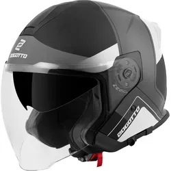 Bogotto Motorradhelm H586 City-B Jethelm mit integriertem Sonnenvisier XL - Stylischer Jethelm in Größe XL mit kratzfestem Visier und integriertem Sonnenvisier. Ideal für Motorradfahrten, bietet er Komfort und Sicherheit durch ein Belüftungssystem und einen praktischen Ratschenverschluss.