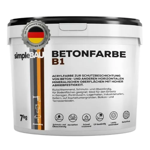 simpleBAU Betonfarbe B1 Grau 7 Kg - Rutschfeste Garagenbodenbeschichtung - Hochwertige Acrylfarbe für Betonflächen mit starker Haftung und hoher Belastbarkeit. Ideal für Innen- und Außenanwendungen wie Garagen und Terrassen. Wetterfest und abriebfest für dauerhaften Schutz.
