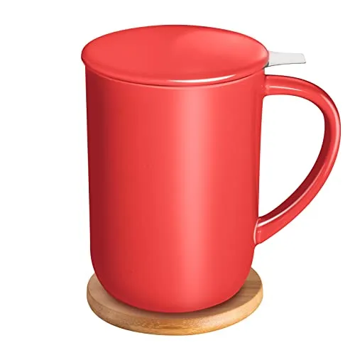 CEEFU Porzellan-Teetasse mit Deckel, Teegeschirr mit Filter und Untersetzer, lose Blätter, Teetasse, Steeper Maker, 473 ml für Tee, Kaffee, Milch, Frauen, Büro, Zuhause, Geschenk (rot)
