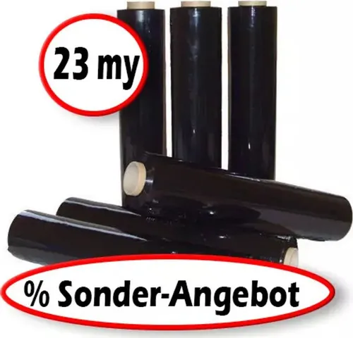 Rollen Stretchfolie 23 my Schwarz - 6 Rollen à 1,5 kg - Folien für optimale Palettensicherung: Die schwarze Stretchfolie bietet ausgezeichnete Hafteigenschaften und schützt Ihre Ware zuverlässig vor Beschädigungen und Witterungseinflüssen.