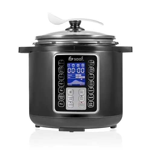 Saaf Multicooker – 11-Teiliges Set – 12 Programme – Slowcooker, Reiskocher, Dampfgarer & Schnellkochtopf – 6L – Inklusive Druckdeckel, Kochtopf, Löffel, Messbecher & Kochbuch – Digitales Display