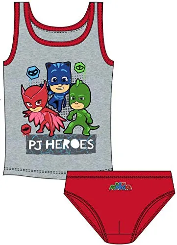 Coole-Fun-T-Shirts PJ MASK Unterwäsche Set Jungen PJ Heroes Crew Hellgrau + dunkelblau Gekko, Catboy + Owlette Unterhose + Unterhemd Gr.98 104 116 128 (Hellgrau, 116)