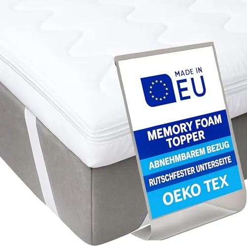 Pillows24 - Topper 160x200cm aus Memory-Schaum - 6cm hoch - Matratzentopper mit abnehmbarem Bezug & rutschfester Unterseite | OEKO-TEX | Made in EU - Matratzenauflage | Matratzen Topper für jedes Bett