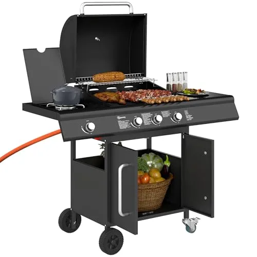 Outsunny Gasgrill mit Seitenbrenner und Thermometer - Edelstahl Gasgrillwagen für Balkon und Camping, mit 12,2 kW Leistung, separater Brennersteuerung und herausnehmbarer Fettauffangschale für einfache Reinigung.