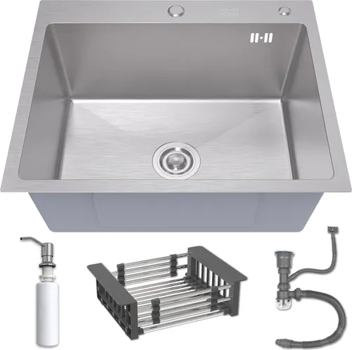 ANW HOME Einspülbecken INOX 60x50 mit Zubehör - Edelstahl Einbauspüle 60x50 cm mit Siphon, Abtropfgestell & Seifenspender. Widerstandsfähig gegen Kratzer und Rost, ideal für eine stilvolle und hygienische Küche.