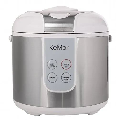KeMar Reiskocher mit Dampfgarer (Weiß, 700W, 1,8L) Edelstahl - für braunen Reis, Naturreis - Keramik Beschichtung - digitaler Reiskocher &Messbecher und Reislöffel, 4 Programme, Warmhaltefunktion