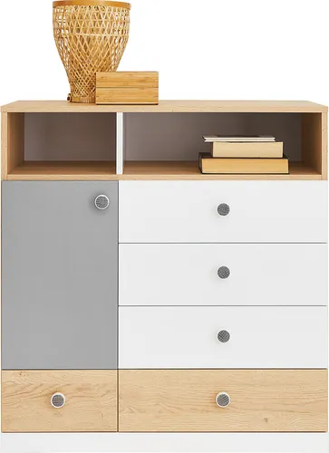Lomadox Kommode PINETO-133, Eiche Nb., weiß-grau, 1 Tür, 5 Schubkästen