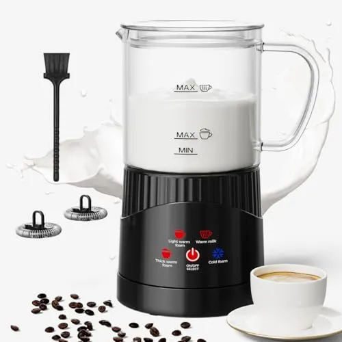 QEXREED 4-in-1 Milchaufschäumer Elektrisch, Milchschäumer Elektrisch 400ML, Automatische Abschaltung, Leiser Betrieb, Heiß & Kalt Milchwärmer für Kaffee, Latte, Cappuccino