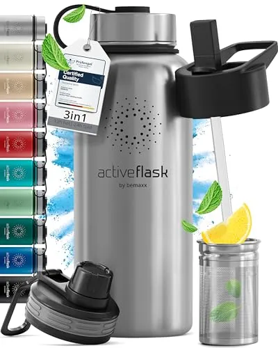 ACTIVE FLASK Edelstahl Trinkflasche mit Strohhalm - BPA-frei und auslaufsicher - Flachmänner - Hochwertige doppelwandige Edelstahl Trinkflasche mit 3 verschiedenen, 100% auslaufsicheren Verschlüssen für Sport und Alltag. Hält Getränke 12h warm und 24h kalt.