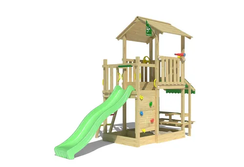 Jungle Gym Spielturm Keep mit Mini Market und Wellenrutsche - Multifunktionaler Spielturm für Kinder von 3-10 Jahren. Fördert Kreativität und Motorik in sicherer Umgebung. Inklusive Wellenrutsche mit Wasseranschluss und integrierter Sandkasten für stundenlangen Spielspaß.